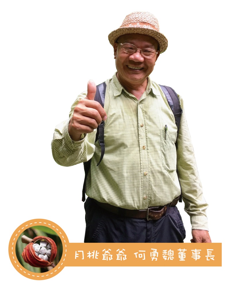月桃爺爺何勇魏董事長戴著草帽比出大拇指,站在綠意之中